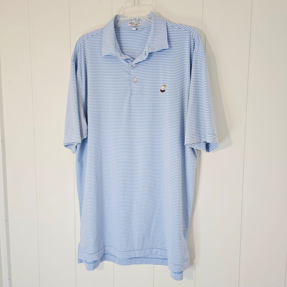 Peter Millar Summer Comfort Gold Polo Shirt Blue White Stripes Eagle Size L